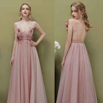

Deep v-neck sexy backless tulle pink sequined beading evening dresses with flower fanweimei#3009 real sample photo picture cheap