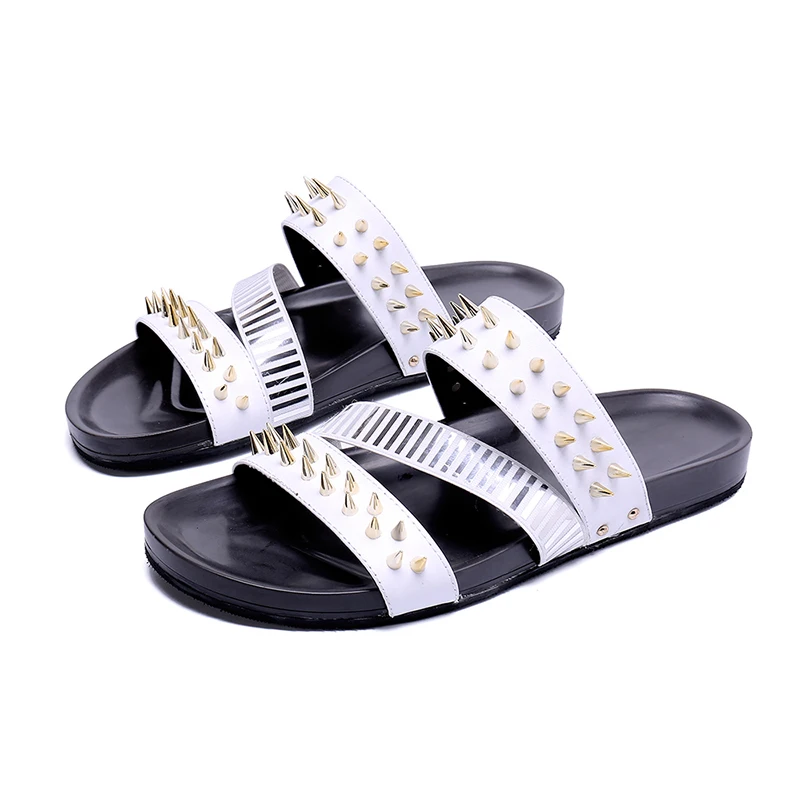 

White rivet sandals slippers fashion Genuine leather open-toed Roman cool-soled thick-soled men's sandals men Buckle sandals