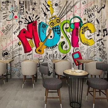 

Custom Photo Retro Nostalgic Wood Grain Creative Personality Street Graffiti Music Hotel Restaurant Cafe Bar 3D Wall Paper Mural
