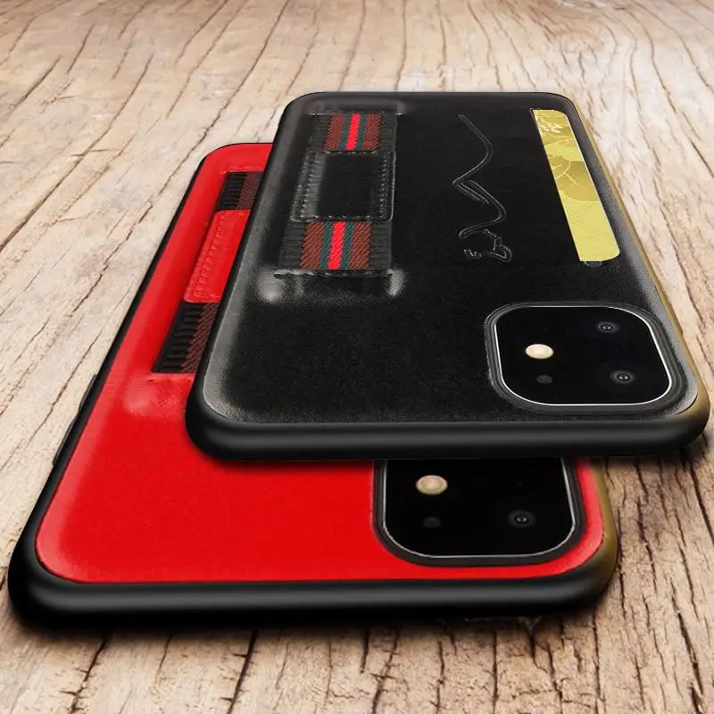 

For iPhone X Xr Xs 11 Pro Max Leather Silicone Anti Falling Case Card Slot Wrist Strap Soft Cover For iPhone 6 6s 7 8 Plus