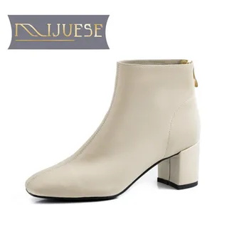 

MLJUESE 2021 women Ankle boots Cow leather Winter short plush Square Toe Zipper High heels female boots size 40