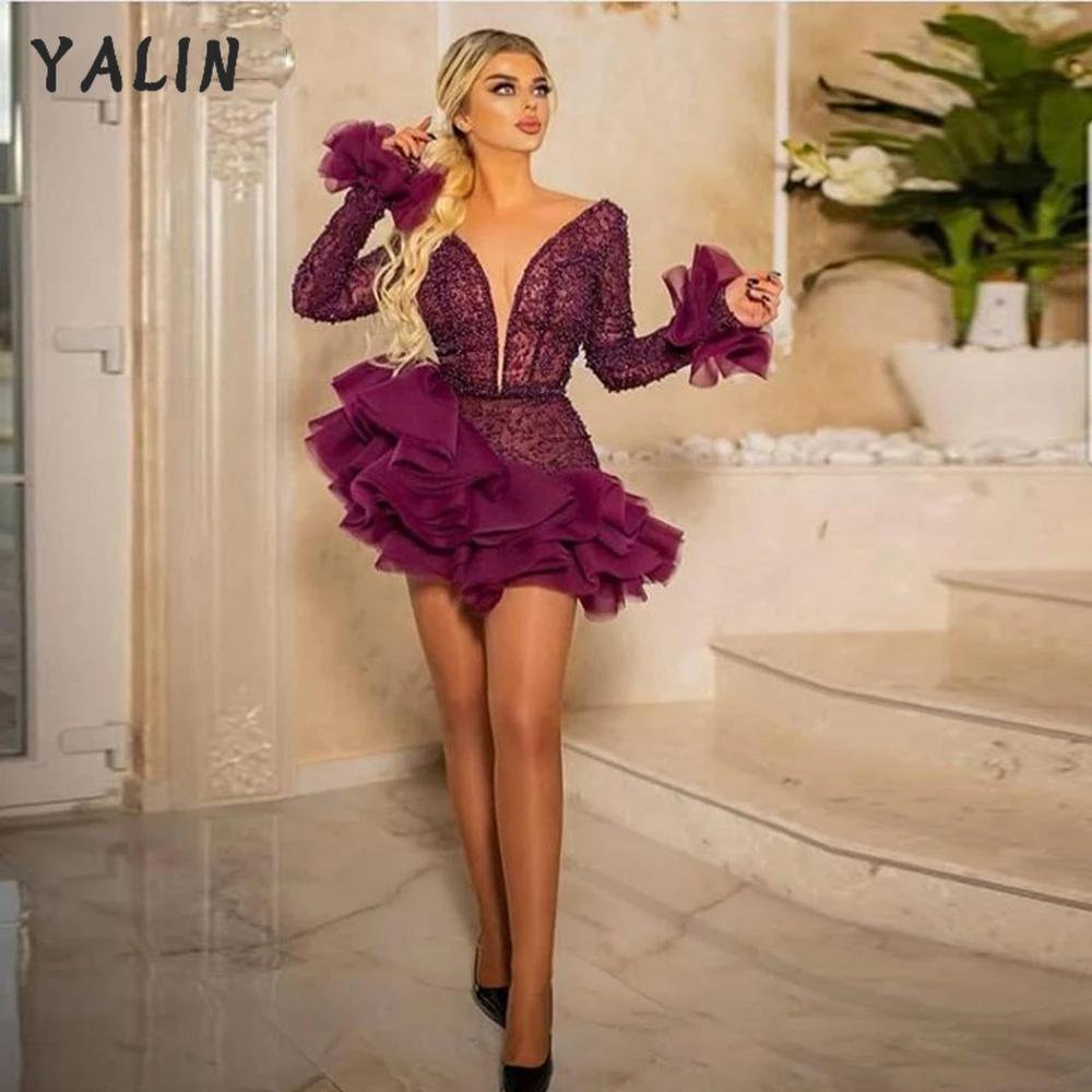 YALIN-Purple-Short-Dresses-Layered-Ruffles-Beaded-Long-Sleeves-V ...