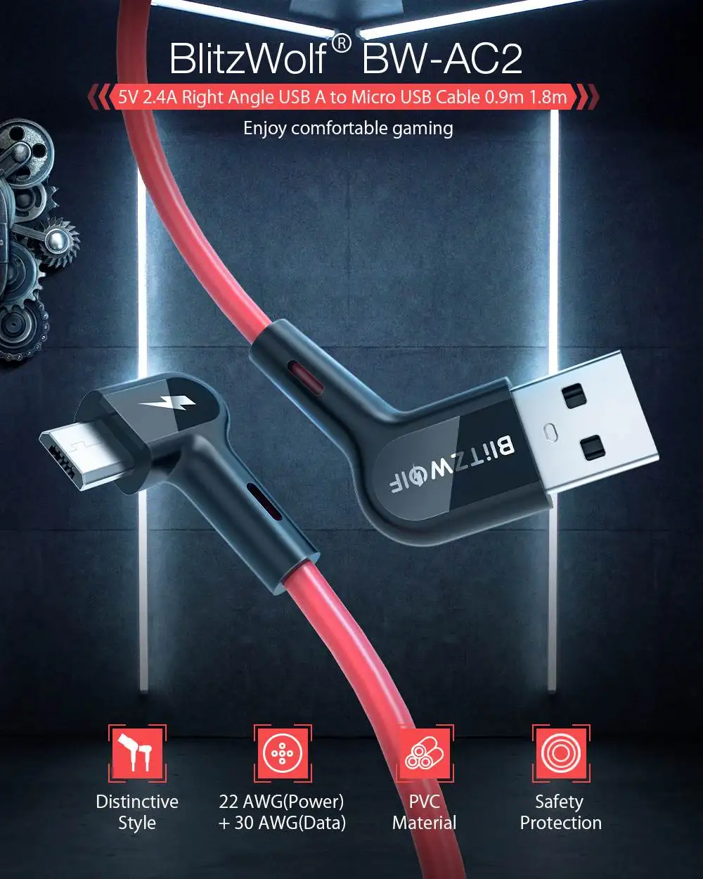 Blitzwolf Micro USB кабель 90 ° под прямым углом 2.4A Быстрая зарядка USB кабель для передачи данных для Xiaomi OPPO huawei Android зарядка мобильного телефона