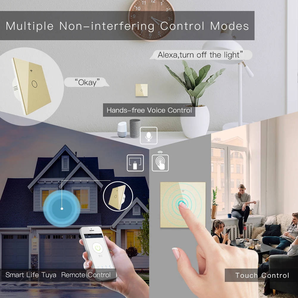 Золотой WiFi умный настенный выключатель света стеклянная панель сенсорная умная жизнь Tuya беспроводной пульт дистанционного управления