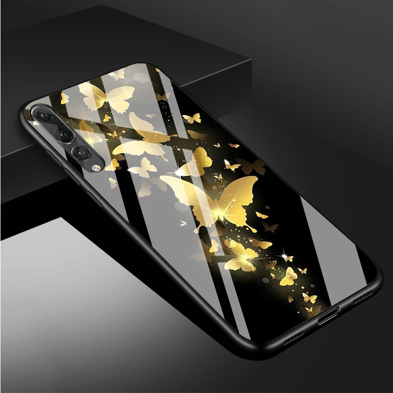 huawei pu case Butterfly Tempered Glass Phone Case For Huawei P20 P30 P40  P40 Lite Pro Psmart Mate 20 30 Cover Shell silicone case for huawei phone