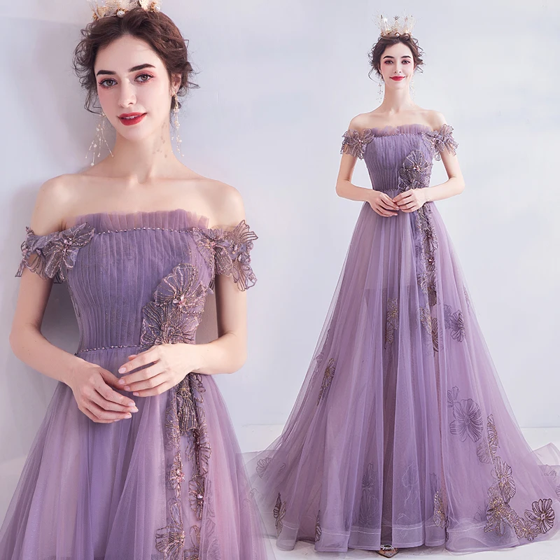 SSYFashion Новое банкетное элегантное Фиолетовое Вечернее Платье милое с вырезом лодочкой Кружевные Аппликации Украшенные бисером Длинные вечерние платья Vestido De Noche - Цвет: 1630 purple