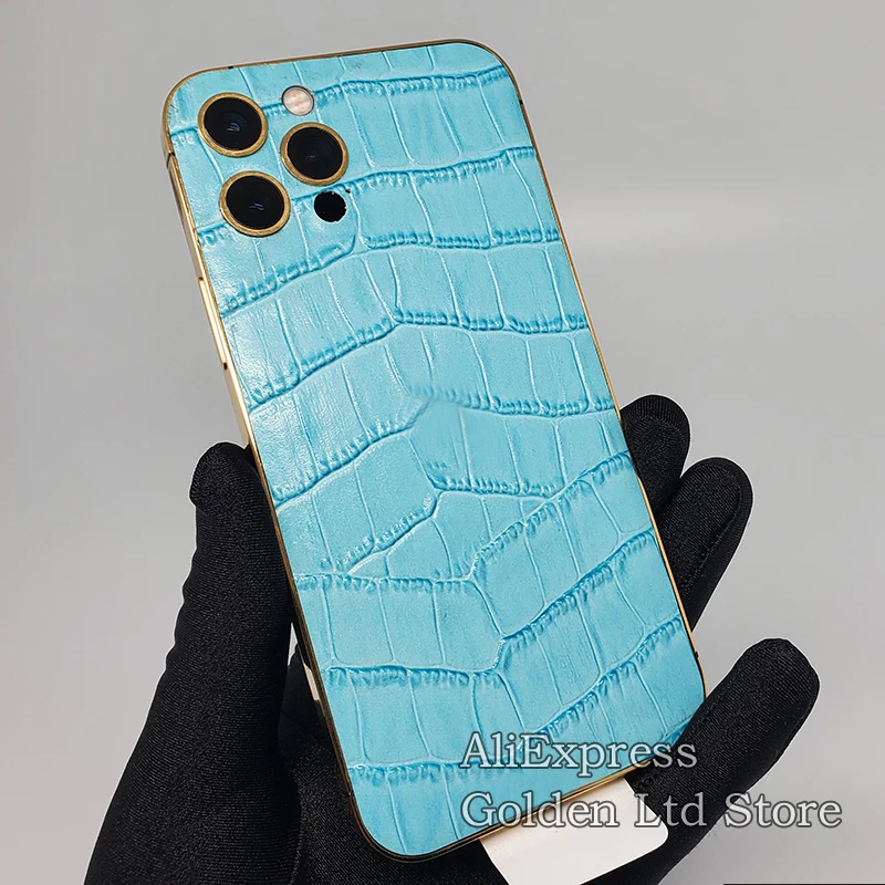 

24K Gold Crocodile skin housing For Phone 12Pro Max Sky blue lake blue leather Limited edition 11 13Pro Middle Frame with logo