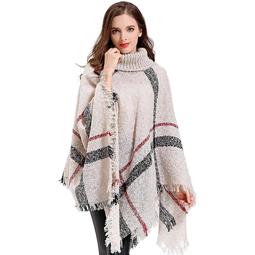 Женская теплая шаль для спорта на открытом воздухе, Boho, свободное пончо в клетку с кисточками, джемпер с высоким воротом, вязаный пуловер большого размера, свитер, топы