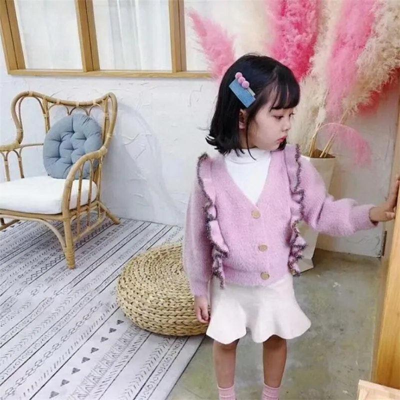 Кардиган для девочек, модное трикотажное пальто принцессы с оборками детская верхняя одежда свитер для девочек 2, 3, 4, 5, 6, 7 лет - Цвет: Pink
