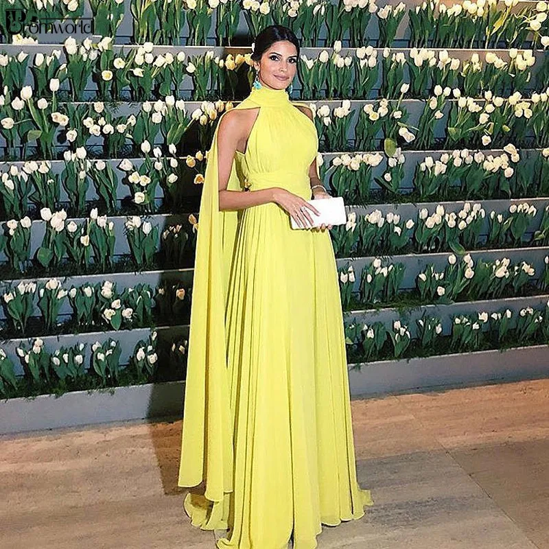 Abendkleider Dubai abito formale donna elegante Chiffon increspato collo  alto Cape abito da sera giallo 2022 Vestido Longo Festa|Evening Dresses| -  AliExpress