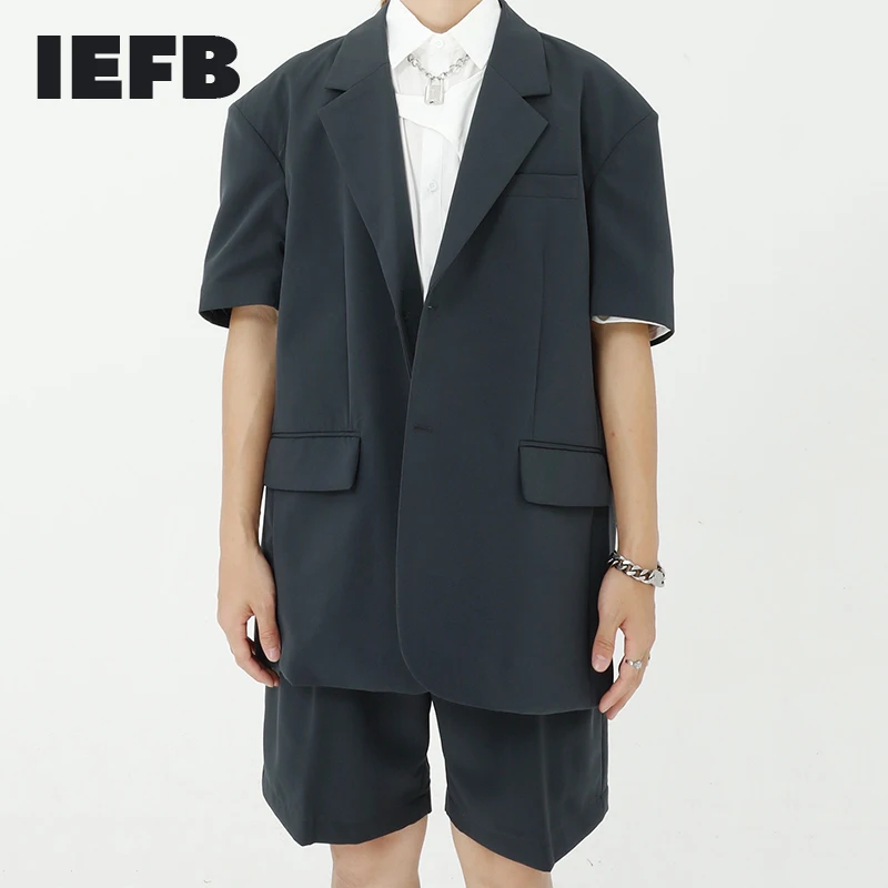 Blazer IEFB Pants Suit Short-Sleeve Two-Pieces-Set Straight Mens Summer Silhouette Loose