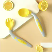 Juego de vajilla para niños, libre de BPA, diseño flexible, grado alimenticio, PP, cuchara auxiliar de alimentación para bebés, tenedor para niños pequeños