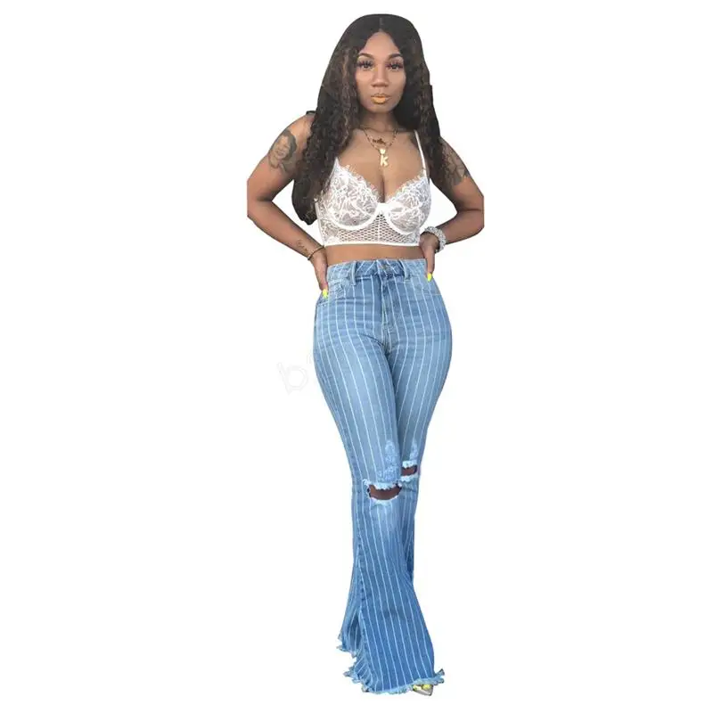 Женские полосатые расклешенные джинсы, рваные брюки стиля гранж, тонкие сексуальные винтажные расклешенные джинсы с широкими штанинами, офисные женские джинсовые брюки-клеш