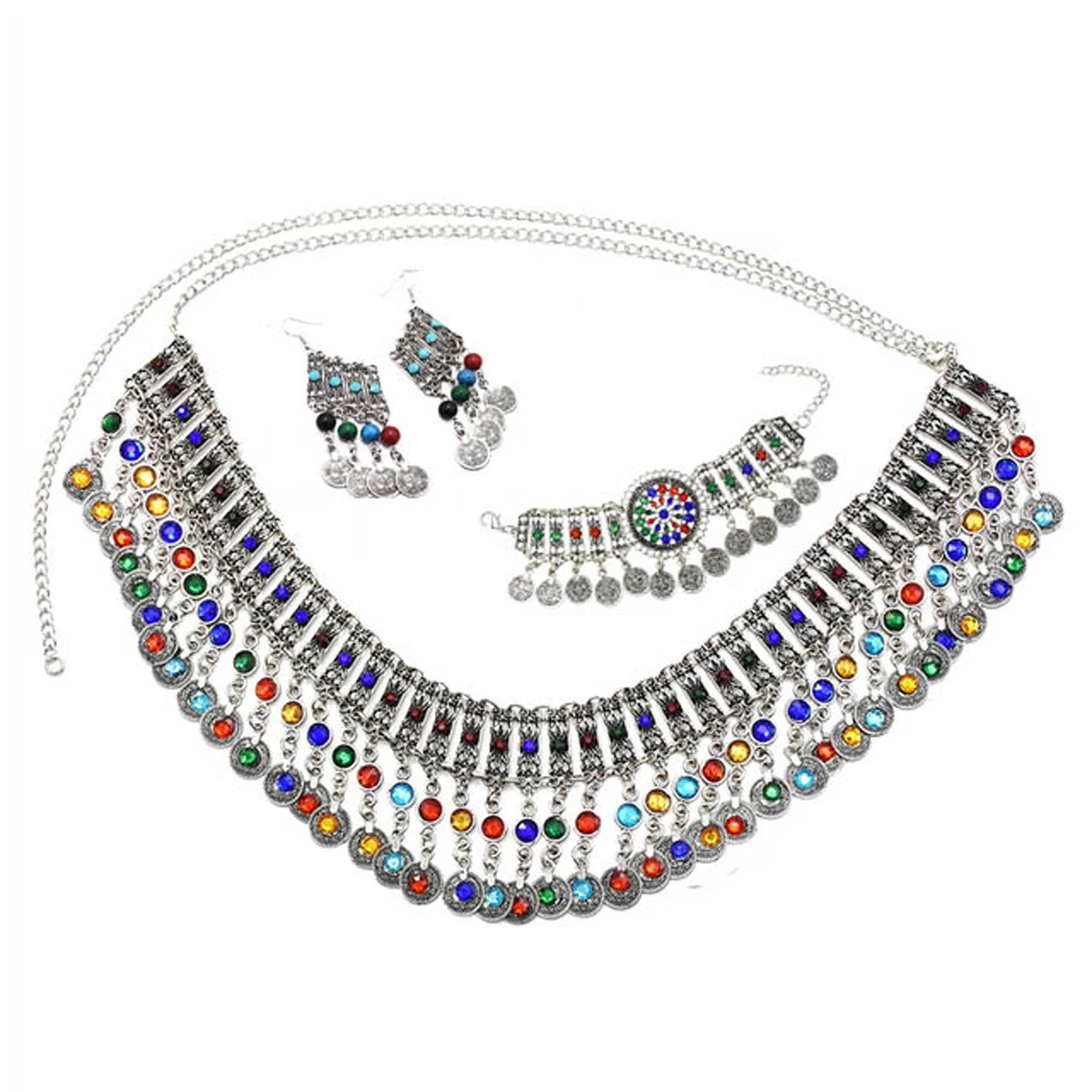 

India Afghan Colorful Beads Coin Tassel Earrings Necklace Bracelet Waist Belly Chain Boho Ethnic Statement Oxidized Jewelry Sets