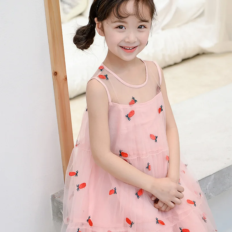 

19 Years Summer New Style Girls Korean-style Pineapple Embroidered Gauze Vest Tower Cake Beach One-piece Dress