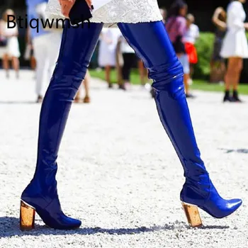

2019 Sexy Thigh High Boots Women Pointed Toe Black Blue Red Transparent Crystal High Heel Boot Ladies Stretch Over The Knee Boot