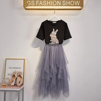 

2020 Rabbit Embroidery Short Sleeve Tees Suits Mesh Layered Princess Skirt Women Two Piece Sets Midi Ball Gown Dress