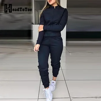

Solid Long Sleeve Zipped Tops & Pockets Design Pencil Pants Sets 2 Piece Outfits for Women Casual Sweat Suits