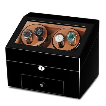 

JQUEEN Automatic Wood Watch Winder Display Box 4+9 Storages Black Baking Finish 5 Modes Drawer with Key