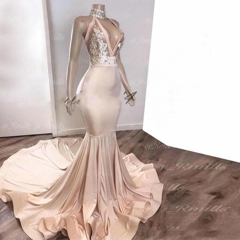 

2020 Prom Dresses Mermaid Deep V Neck South African Formal Evening Dress Halter Neck Sweep Train Occasion Party Dresses