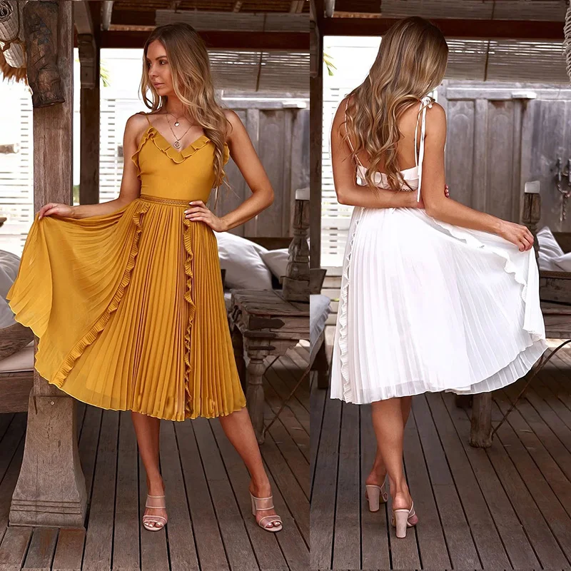 

V-neck Backless Suspender Pleated Sexy Long Maxi Women Summer Autumn Party Dress Ukraine Vestidos Clothes Vadim Oodji Fashion