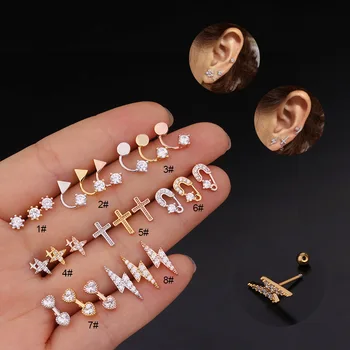 

1Pc Stainless Steel Cz Cartilage Earring Creative Geometric Cross Heart Pin Lightning Helix Tragus Rook Conch Piercing Jewelry