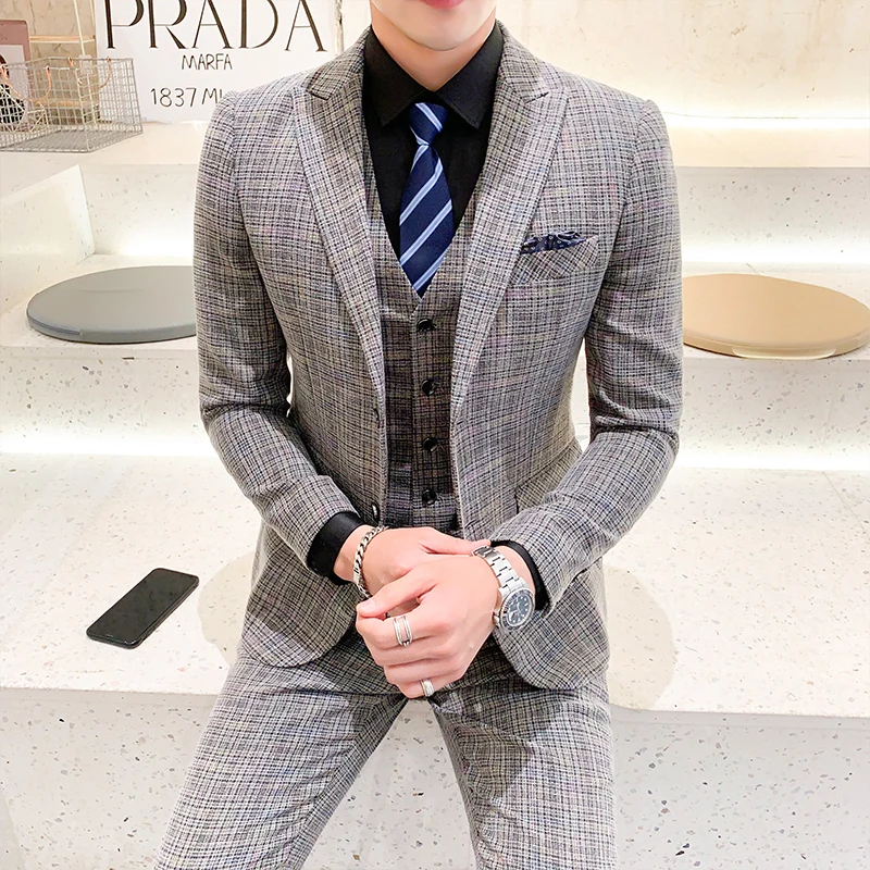 Gray High Quality Men Slim Fit 3 Pieces Suits Jackets+Pants+Vest Plaid Formal Wear Suits Men Wedding Dress Suits For Groom Suits 5XL - Цвет: Gray