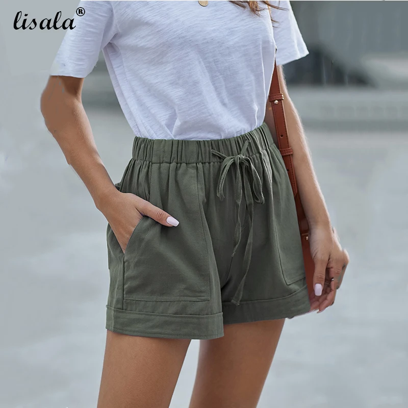 

LISALA Plus Size High Waist Pocket Shorts Women Summer Streetwear Casual Drawstring Lace Up Sport Loose Wide-Leg Shorts S-5XL
