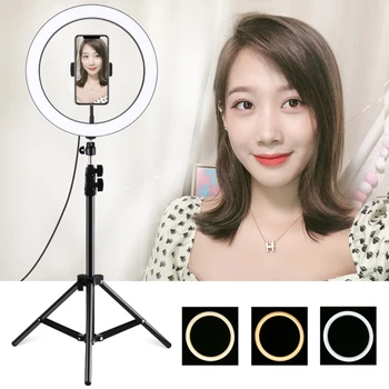 

Dimmable Mini LED Selfie Ring Light Lamp Photo Video Camera Phone Studio Light with Tripod USB 3 Color choose for Makeup Youtube