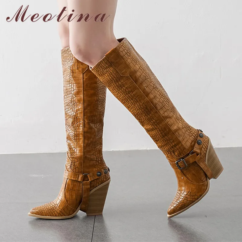 

Meotina Winter Western Boots Women Buckle Strange Style Heel Knee High Boots Pointed Toe Super High Heel Shoes Lady Autumn 33-46