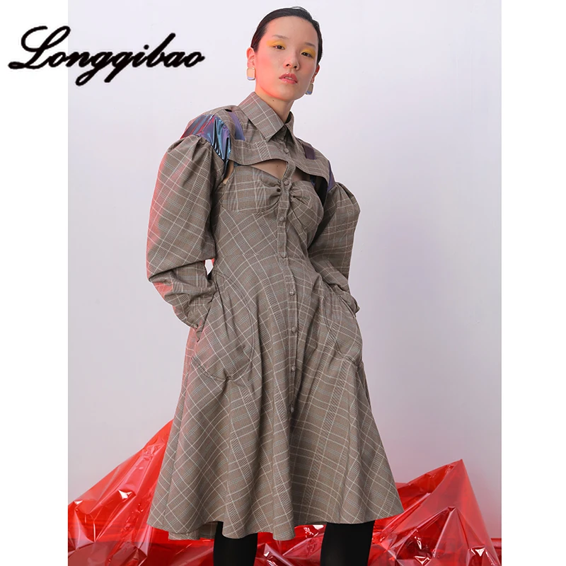 Longqibao Женская Осенняя ниша деконструкция поддельные двухсекционный костюм с открытой спиной пышные рукава британское клетчатое платье женское платье