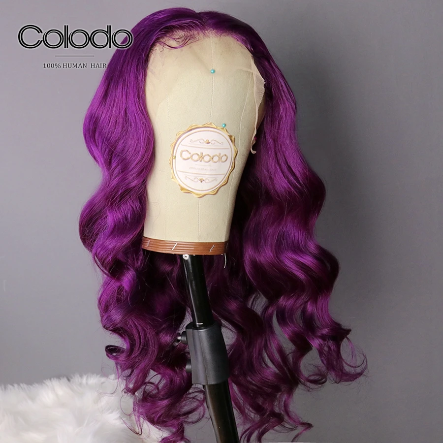 Colodo фиолетовый Синтетические волосы на кружеве парик предварительно вы Волосы remy Цветной парики из натуральных волос объемная волна Синтетические волосы на кружеве парик с детскими волосами