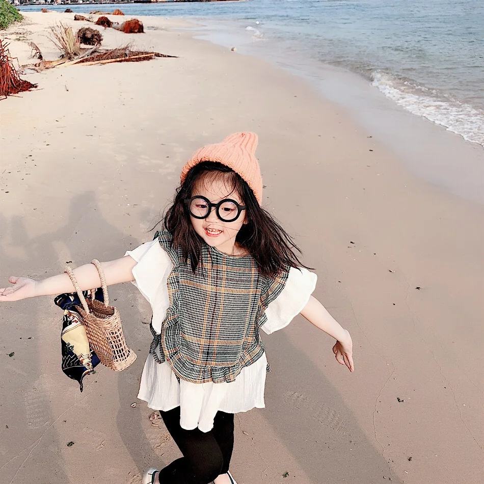 [Jianlou/Специальное предложение] летняя рубашка принцессы в Корейском стиле из двух предметов для девочек Детская клетчатая рубашка Feifei для девочек