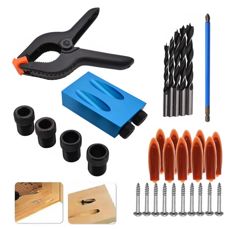 Pocket Woodworking Oblique Hole Locator Tools Hole Jig Kit Drill Guide Set