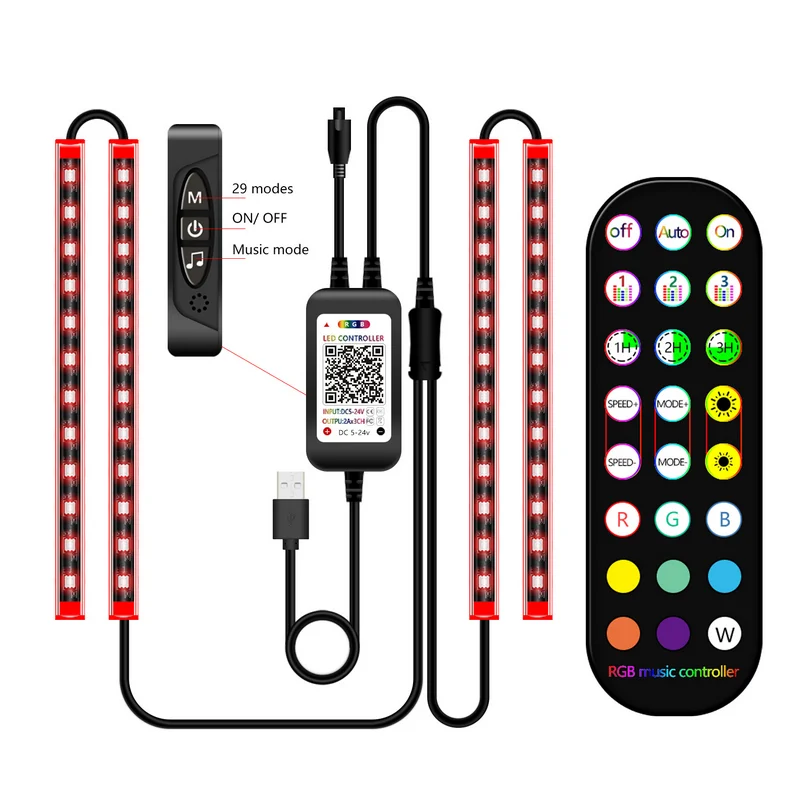 

Auto Car Interior Atmosphere Light USB LED RGB Strip Light APP Bluetooth Voice Control Car LED Strip Decorative Music Light