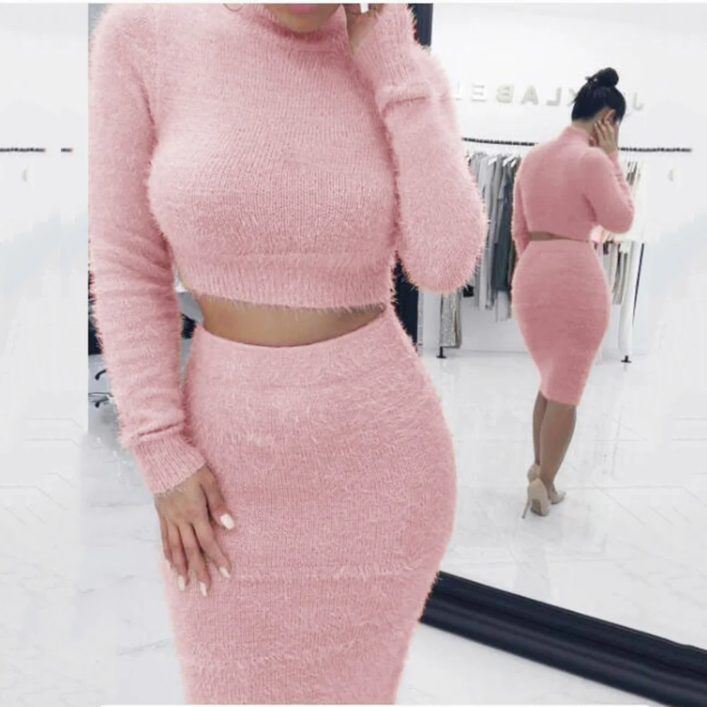 

Laamei 2019 Women Sweater+Pencil Skirt Suit Long sleeve Fleece Crop Tops Bodycon Skirt 2 Pieces Set Women Knitted Tracksuit