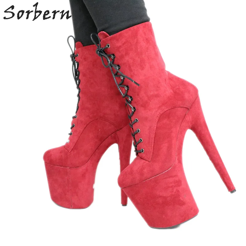 Sorbern ботильоны цвета шампанского женские ботиночки на высоком каблуке 20 см для танцев на шесте; обувь на шпильках со шнуровкой пикантная Фетиш-обувь цвет на заказ - Цвет: Red Faux Suede