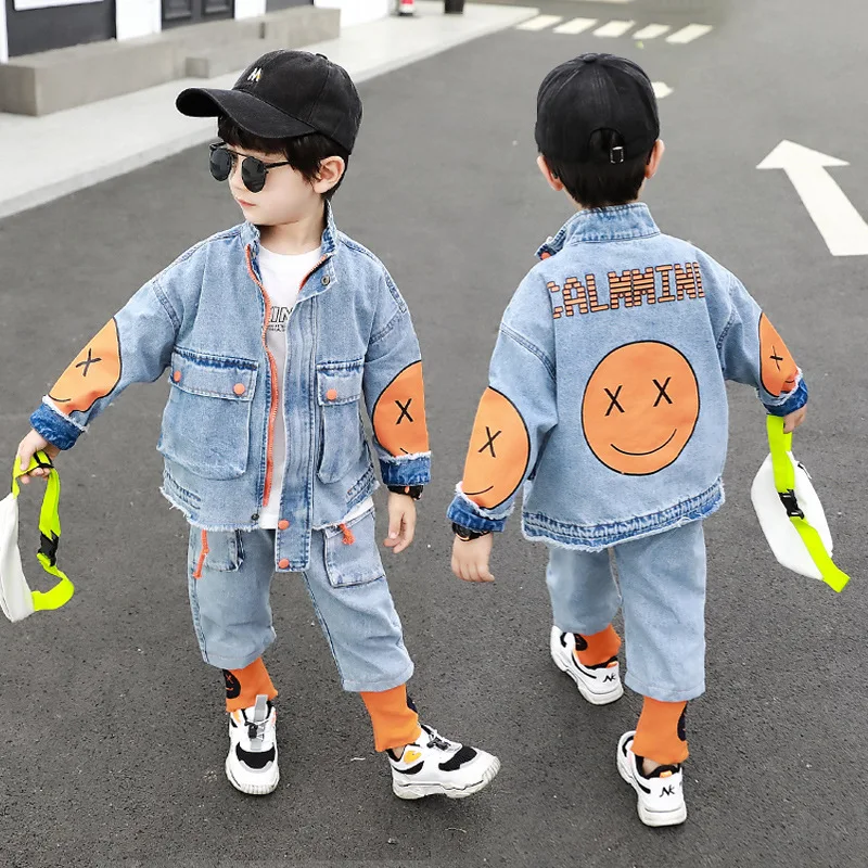 

Childrenswear 2019 Spring BOY'S Smiley Lettered Denim Suit Children Spring Clothing Cardigan Long Sleeve Cowboy Two-Piece Set