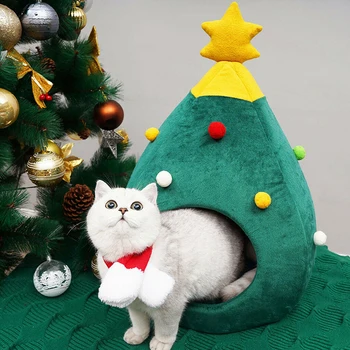 

Christmas Style Durable Pet Bed Cute Christmas Tree Shape Cat House Warm Soft Winter Pet Cat Litter For Cat Good Gift For Cat