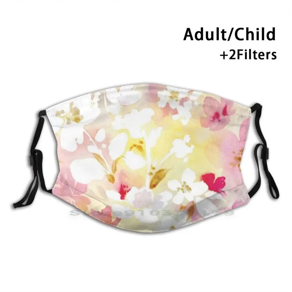 

Cherry Blossom Watercolor Adult Kids Washable Funny Face Mask With Filter Cherry Blossom Blossoms Sakura Pink Flowers Pink Gold