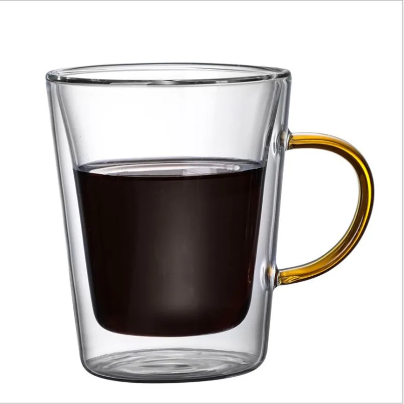 Yellow handle Двухслойная кофейная чашка с цветной ручкой теплоизоляция двухслойная стеклянная чашка чайная чашка креативный подарок напиток молоко - Цвет: Yellow handle
