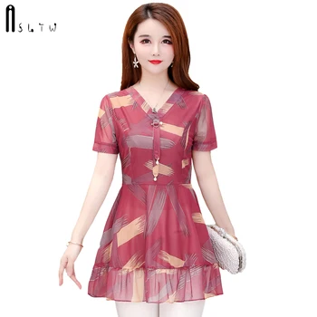 

ASLTW Chiffon Blouse Summer Short Sleeve Loose Women's Shirt New Plus Size O Neck Elegant Top Thin Long Woman Blouse