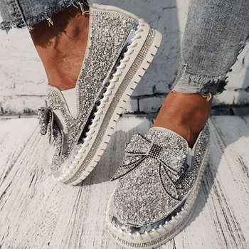 

2020 Sweet Bow Spring Flat Platform Bling Casual Women Vulcanize Shoes