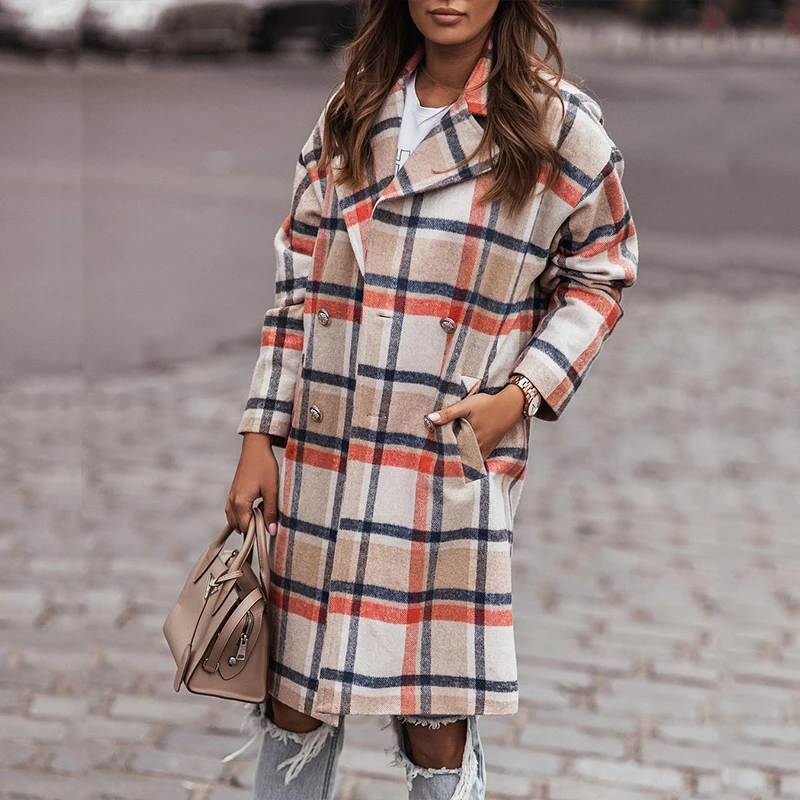 Fashion Vintage Plaid Pattern Winter Women Outerwear Elegant Single Breasted Lady Long Coat New Autumn Casual Pocket Streetwear down coats