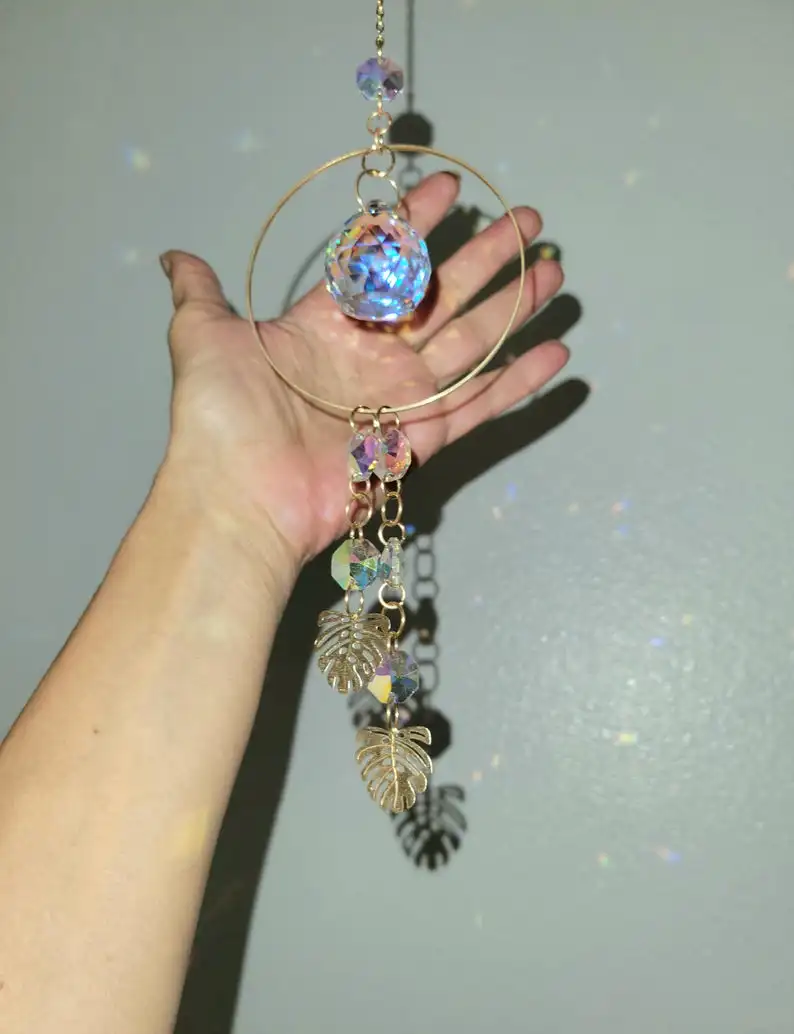 

Suncatcher with Plant,AB Crystals Rainbows. Crystal Prism Rainbow Maker. Window Hanging