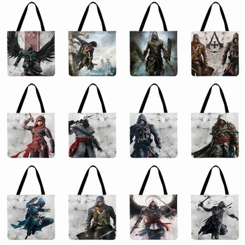 

Women Shoulder Bag Linen Febric Casual Tote Assassin Creed Printed Tote Bag Foldable Shopping Reusable Beach Bag