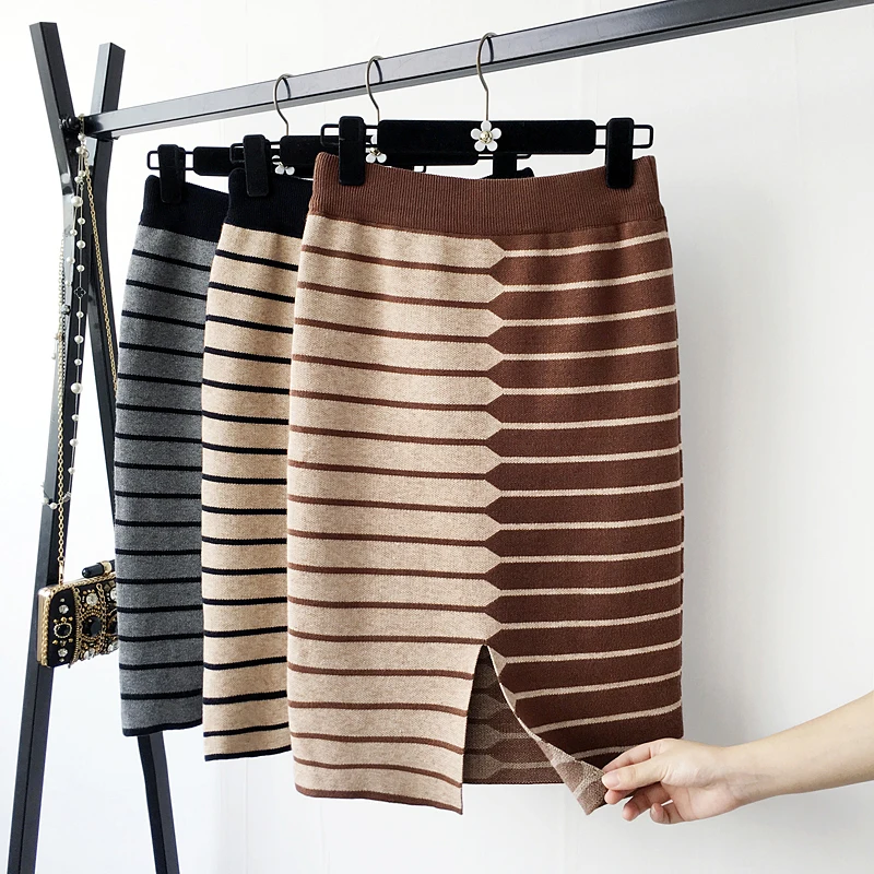 

Spring Office Ladies Knitted Skirt Slim Stripes Pencil Mini Skirt Women Skirt Over Hip Sheath Skirt Above-knee Urban Skirt