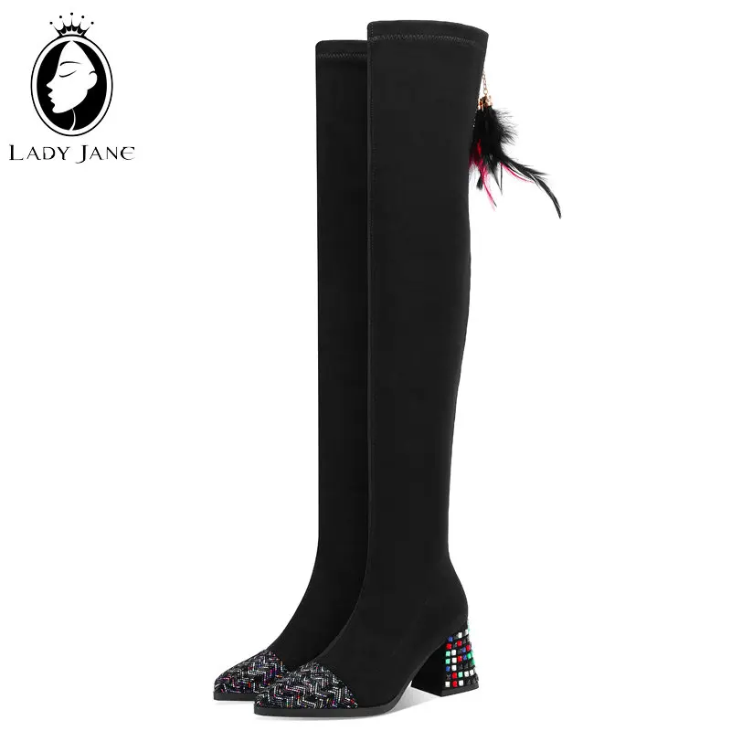 Lady Jane Ethnic Feather Decoration Femal Over The Knee High Boots Pointed Toe Colorful Crystal Heels Elastic Winter Shoes