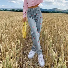 

European and American small fresh cherry embroidery leg long high waist jeans sweet cool girl heart casual pants PD