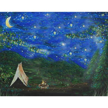 

Oil Painting Outdoor Camping Photography Backdrop Printed Blue Sky Crescent Stars Green Trees Newborn Baby Shower Backgrounds